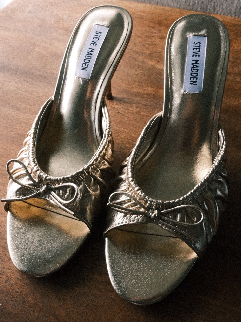 Steve Madden Metallic Gold Ruched Bow Slide Heels